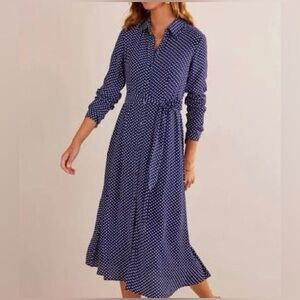 Boden Kate Midi Shirt Dress Navy Blue/White Polka Dot Print Size 10P w/Pockets!